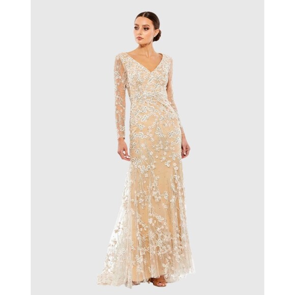 Mac Duggal Dress Women's 24 Beige Emboidered V Neck Long Sleeve Trumpet Gown - Picture 1 of 9